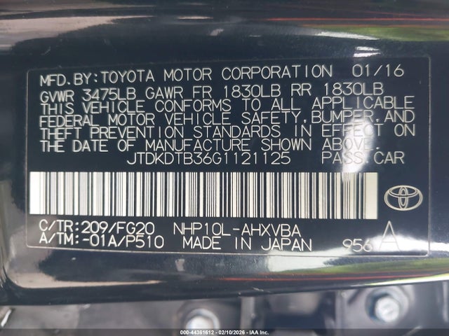 JTDKDTB36G1121125 Toyota Prius C Two