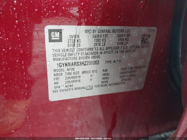 44361630 :رقم المزاد ، 1GYKNARS3HZ206063 vin ، 2017 Cadillac Xt5 Standard مزاد بيع
