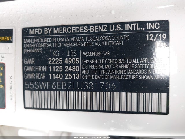 44361712 :رقم المزاد ، 55SWF6EB2LU331706 vin ، 2020 Mercedes-benz Amg C 43 4matic مزاد بيع
