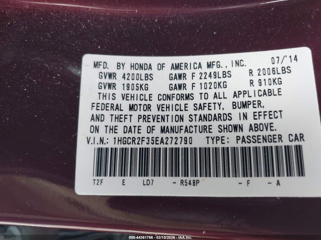 Honda ACCORD LX 2014 1HGCR2F35EA272790 Image 9