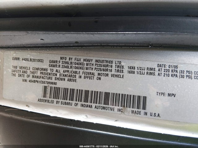 44361775 :رقم المزاد ، 4S4BP61C557369690 vin ، 2005 Subaru Outback 2.5i مزاد بيع