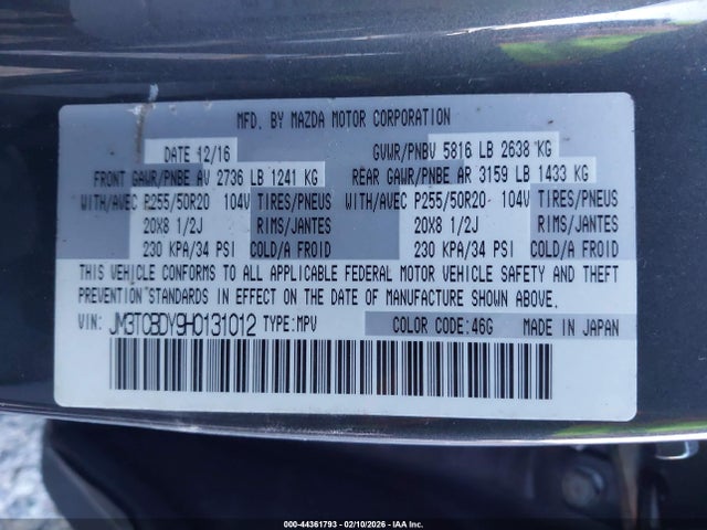 Aukcja sprzedaży 2017 Mazda Cx-9 Grand Touring, vin: JM3TCBDY9H0131012, numer aukcji: 44361793