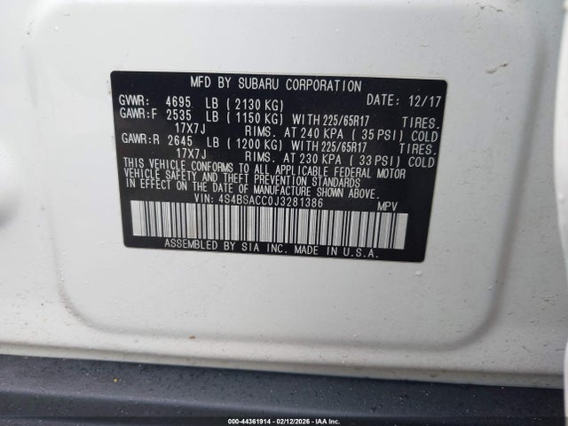 2018 Subaru Outback 2.5i Premium მანქანა იყიდება აუქციონზე, vin: 4S4BSACC0J3281386, აუქციონის ნომერი: 44361914