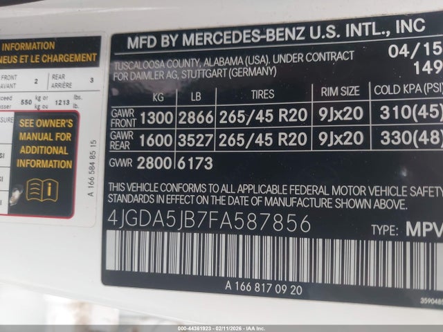 44361923 :رقم المزاد ، 4JGDA5JB7FA587856 vin ، 2015 Mercedes-benz Ml 350 مزاد بيع