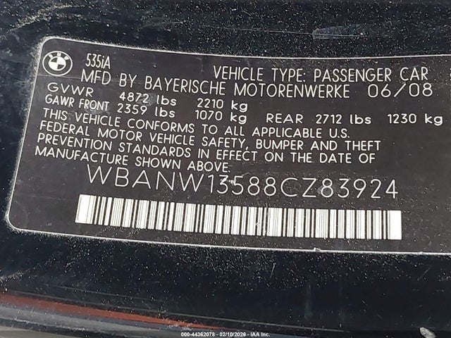 44362078 :رقم المزاد ، WBANW13588CZ83924 vin ، 2008 Bmw 535i مزاد بيع