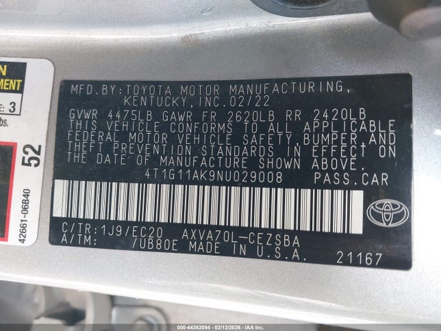4T1G11AK9NU029008 Toyota Camry Se Nightshade Edition