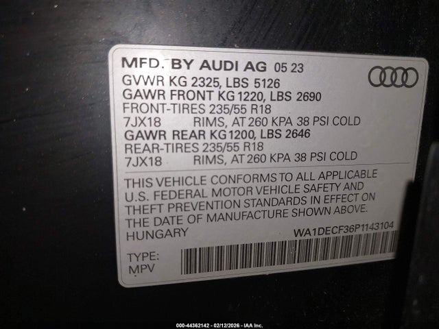 2023 Audi Q3 Premium 45 Tfsi S Line Quattro Tiptronic მანქანა იყიდება აუქციონზე, vin: WA1DECF36P1143104, აუქციონის ნომერი: 44362142
