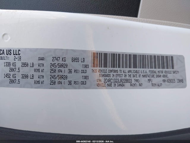 44362148 :رقم المزاد ، 2C4RC1GG3JR228833 vin ، 2018 Chrysler Pacifica Limited مزاد بيع