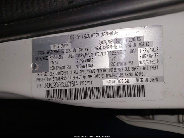 44362181 :رقم المزاد ، JM3KE2CYXG0871514 vin ، 2016 Mazda Cx-5 Touring مزاد بيع