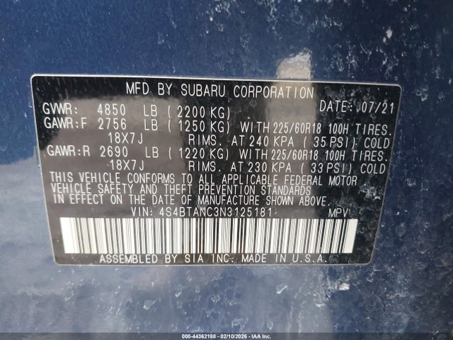 Продаж на аукціоні авто 2022 Subaru Outback Limited, vin: 4S4BTANC3N3125181, номер лоту: 44362188