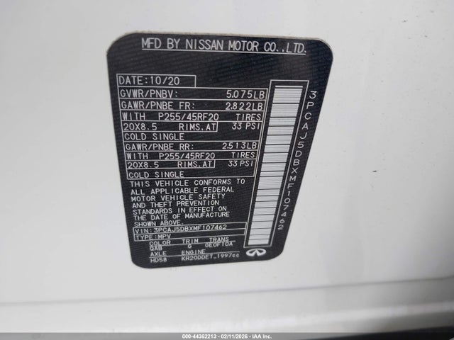2021 Infiniti Qx50 Autograph Awd მანქანა იყიდება აუქციონზე, vin: 3PCAJ5DBXMF107462, აუქციონის ნომერი: 44362213