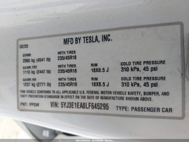 2020 TESLA MODEL 3 5YJ3E1EA8LF645295 Photo 8