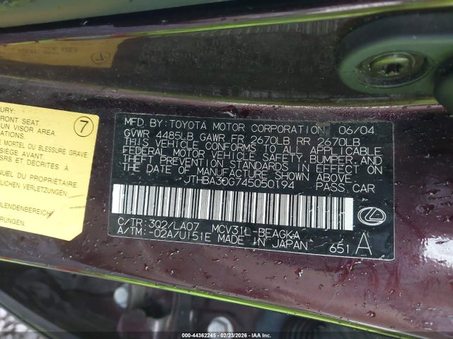 Aukcja sprzedaży 2004 Lexus Es 330, vin: JTHBA30G745050194, numer aukcji: 44362245