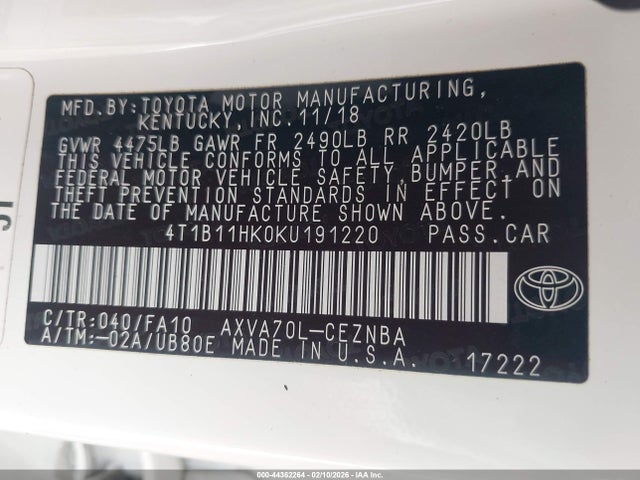4T1B11HK0KU191220 Toyota CAMRY LE