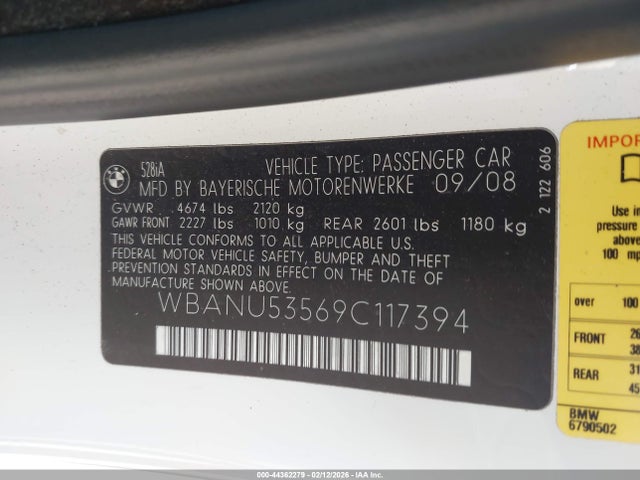 2009 Bmw 528i მანქანა იყიდება აუქციონზე, vin: WBANU53569C117394, აუქციონის ნომერი: 44362279