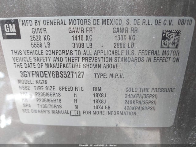 44362283 :رقم المزاد ، 3GYFNDEY6BS527127 vin ، 2011 Cadillac Srx Luxury Collection مزاد بيع
