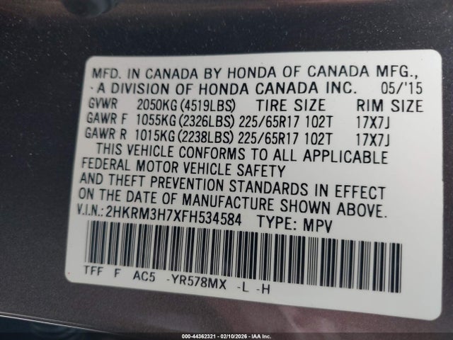 2015 HONDA CR-V 2HKRM3H7XFH534584 Photo 8