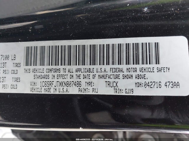 2019 Ram 1500 Laramie  4x4 5'7 Box მანქანა იყიდება აუქციონზე, vin: 1C6SRFJTXKN807486, აუქციონის ნომერი: 44362333