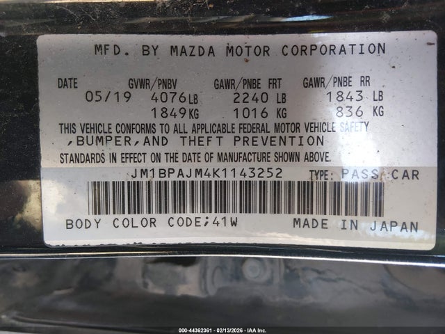 Aukcja sprzedaży 2019 Mazda Mazda3, vin: JM1BPAJM4K1143252, numer aukcji: 44362361