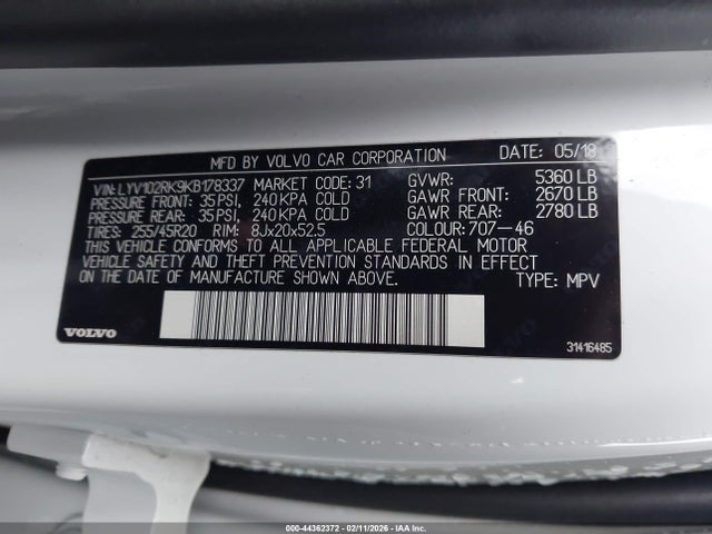 LYV102RK9KB178337 Volvo Xc60 T5 Momentum