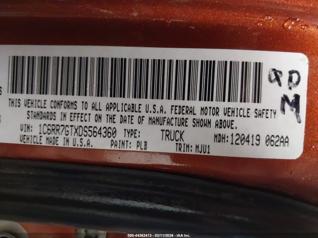 44362413 :رقم المزاد ، 1C6RR7GTXDS564360 vin ، 2013 Ram 1500 Outdoorsman مزاد بيع