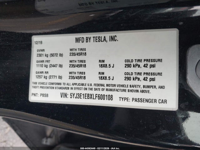 Aukcja sprzedaży 2020 Tesla Model 3 Long Range Dual Motor All-wheel Drive, vin: 5YJ3E1EBXLF600108, numer aukcji: 44362449