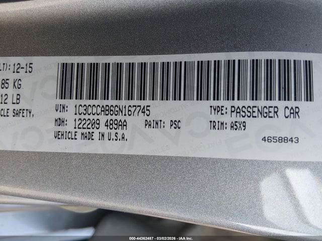 Продаж на аукціоні авто 2016 Chrysler 200 Limited, vin: 1C3CCCAB6GN167745, номер лоту: 44362487