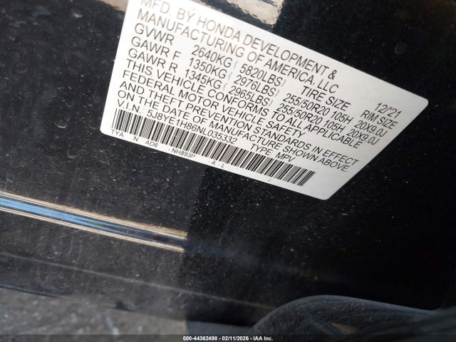 44362498 :رقم المزاد ، 5J8YE1H86NL035332 vin ، 2022 Acura Mdx Advance Package مزاد بيع