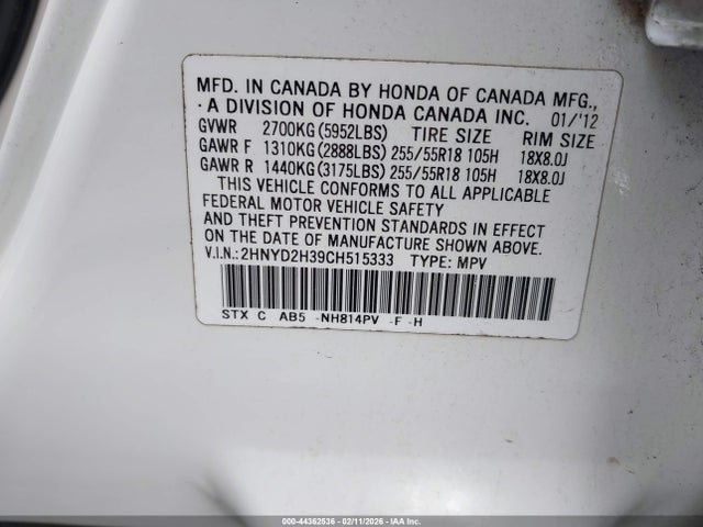 Aukcja sprzedaży 2012 Acura Mdx Technology Package, vin: 2HNYD2H39CH515333, numer aukcji: 44362536