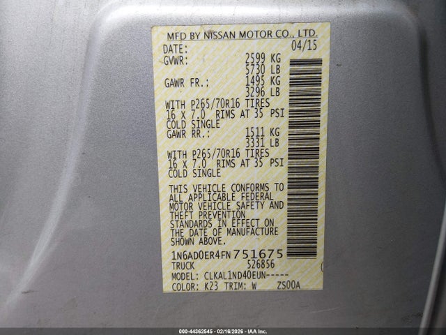 Nissan FRONTIER S 2015 1N6AD0ER4FN751675 Image 9