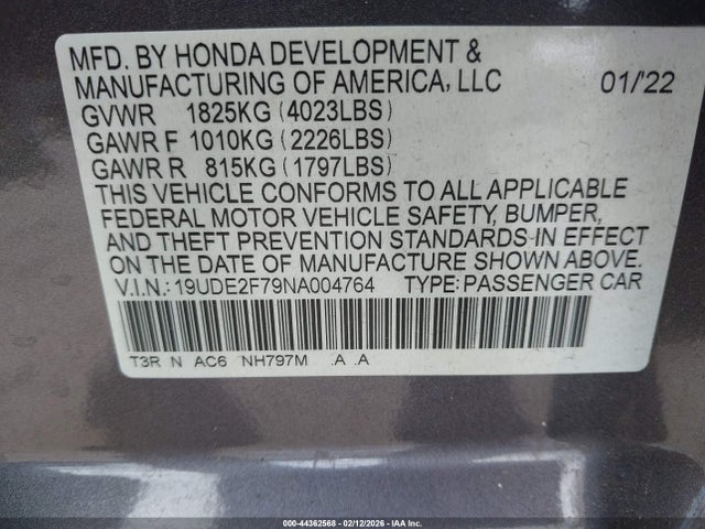 44362568 :رقم المزاد ، 19UDE2F79NA004764 vin ، 2022 Acura Ilx Premium Package مزاد بيع