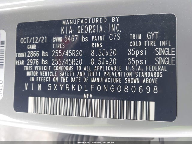 Продажа на аукционе авто 2022 Kia Sorento Sx, vin: 5XYRKDLF0NG080698, номер лота: 44362607