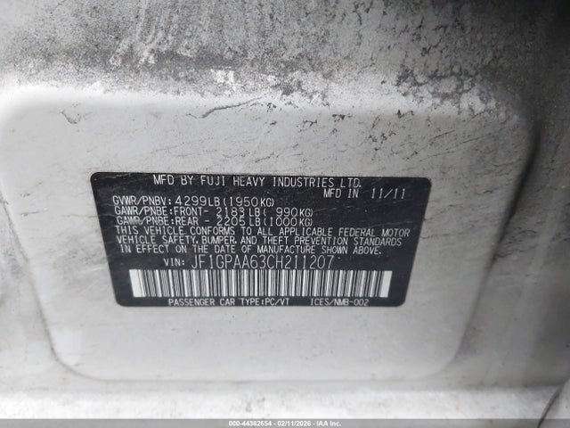 Aukcja sprzedaży 2012 Subaru Impreza 2.0i, vin: JF1GPAA63CH211207, numer aukcji: 44362654