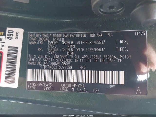 Aukcja sprzedaży 2026 Toyota Sienna Xle, vin: 5TDYRKECXTS293589, numer aukcji: 44362689