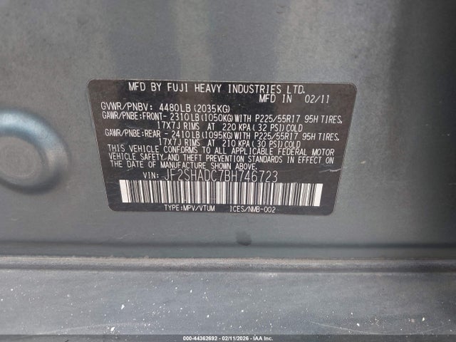 44362692 :رقم المزاد ، JF2SHADC7BH746723 vin ، 2011 Subaru Forester 2.5x Premium مزاد بيع
