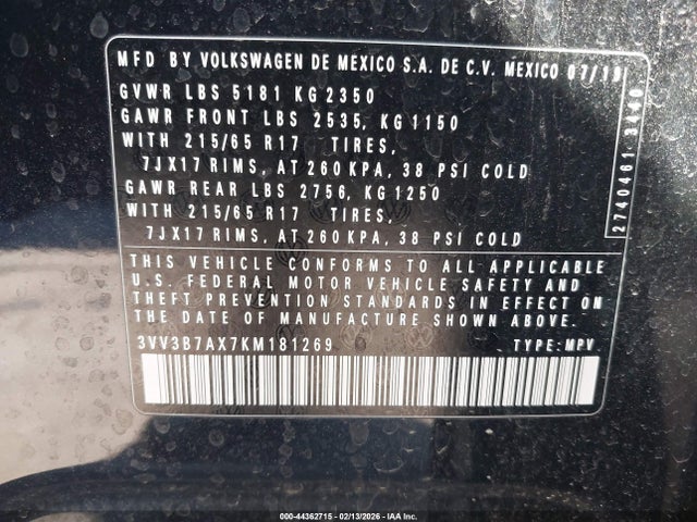 3VV3B7AX7KM181269 Volkswagen Tiguan 2.0t Se/2.0t Sel/2.0t Sel R-line/2.0t Sel R-line Black