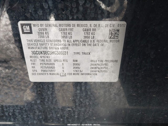 2017 Chevrolet Silverado 1500 2lz მანქანა იყიდება აუქციონზე, vin: 3GCUKSEC5HG300831, აუქციონის ნომერი: 44362717