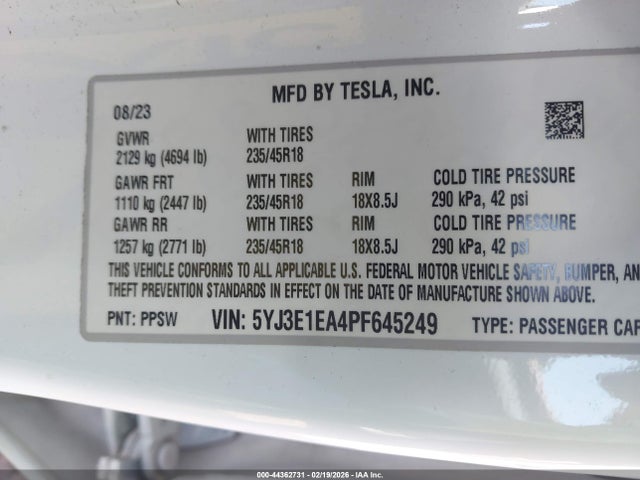 Aukcja sprzedaży 2023 Tesla Model 3 Rear-wheel Drive, vin: 5YJ3E1EA4PF645249, numer aukcji: 44362731