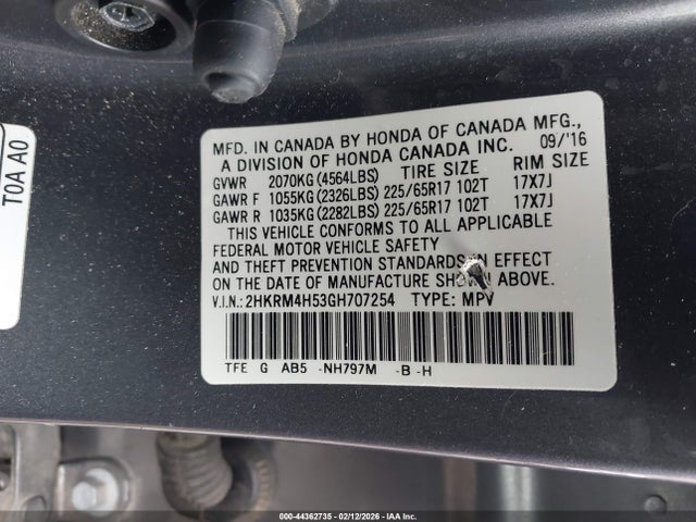 Продаж на аукціоні авто 2016 Honda Cr-v Ex, vin: 2HKRM4H53GH707254, номер лоту: 44362735