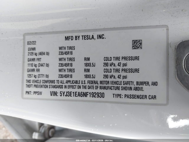 Aukcja sprzedaży 2022 Tesla Model 3 Rear-wheel Drive, vin: 5YJ3E1EA6NF192930, numer aukcji: 44362736