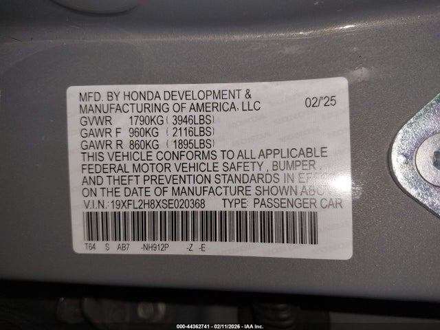 2025 Honda Civic Sedan Sport მანქანა იყიდება აუქციონზე, vin: 19XFL2H8XSE020368, აუქციონის ნომერი: 44362741