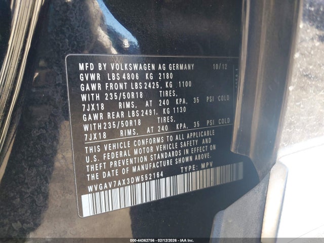 2013 Volkswagen Tiguan Se მანქანა იყიდება აუქციონზე, vin: WVGAV7AX3DW552164, აუქციონის ნომერი: 44362756