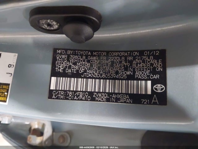 Aukcja sprzedaży 2012 Toyota Prius Three, vin: JTDKN3DU8C5394525, numer aukcji: 44362809