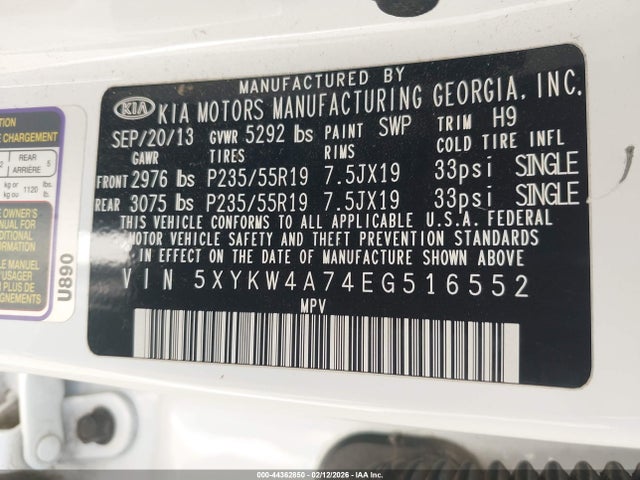 5XYKW4A74EG516552 KIA SORENTO SX