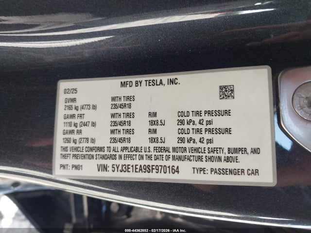 2025 Tesla Model 3 Long Range Rear-wheel Drive/standard Rear-wheel Drive მანქანა იყიდება აუქციონზე, vin: 5YJ3E1EA9SF970164, აუქციონის ნომერი: 44362852