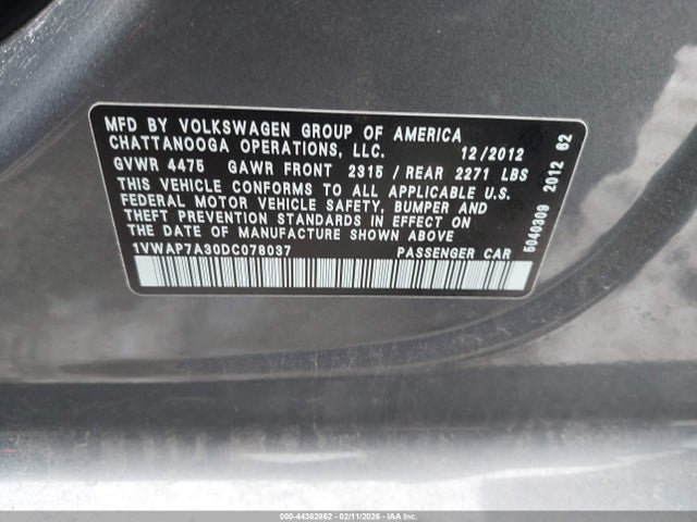 44362862 :رقم المزاد ، 1VWAP7A30DC078037 vin ، 2013 Volkswagen Passat 2.5l S مزاد بيع