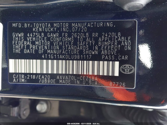 4T1G11AK0LU981117 Toyota CAMRY SE