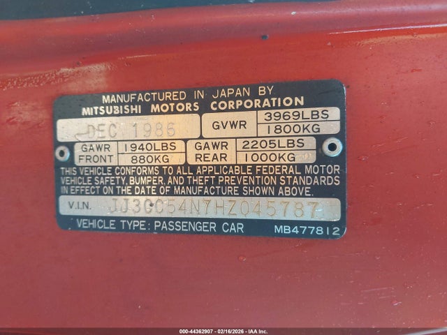 Aukcja sprzedaży 1987 Chrysler Conquest, vin: JJ3CC54N7HZ045787, numer aukcji: 44362907