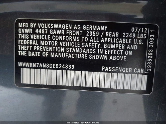 44362923 :رقم المزاد ، WVWRN7AN8DE524839 vin ، 2013 Volkswagen Cc 2.0t Lux مزاد بيع