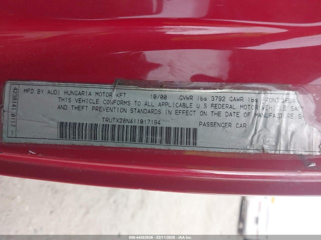2001 AUDI TT TRUTX28N411017194 Photo 8